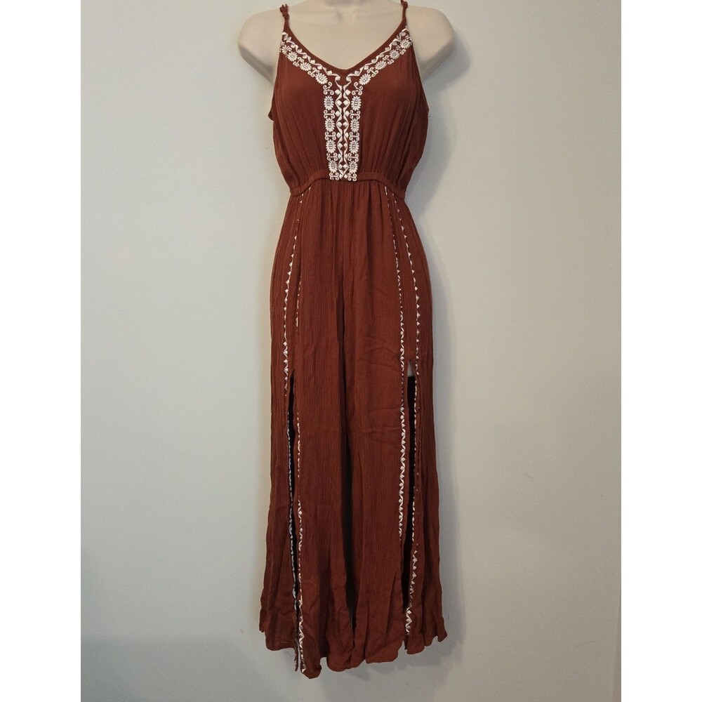 American Rag Rust Orange Slit Leg Embroidered Jumpsuit Boho Rayon Festival Sz S